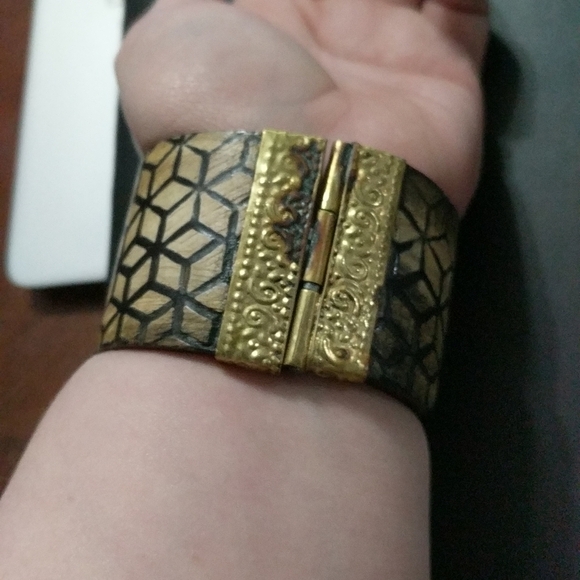 Brown and Gold Cubist Design Hinged Pin Cuff Statement Bracelet - India - Picture 3 of 5